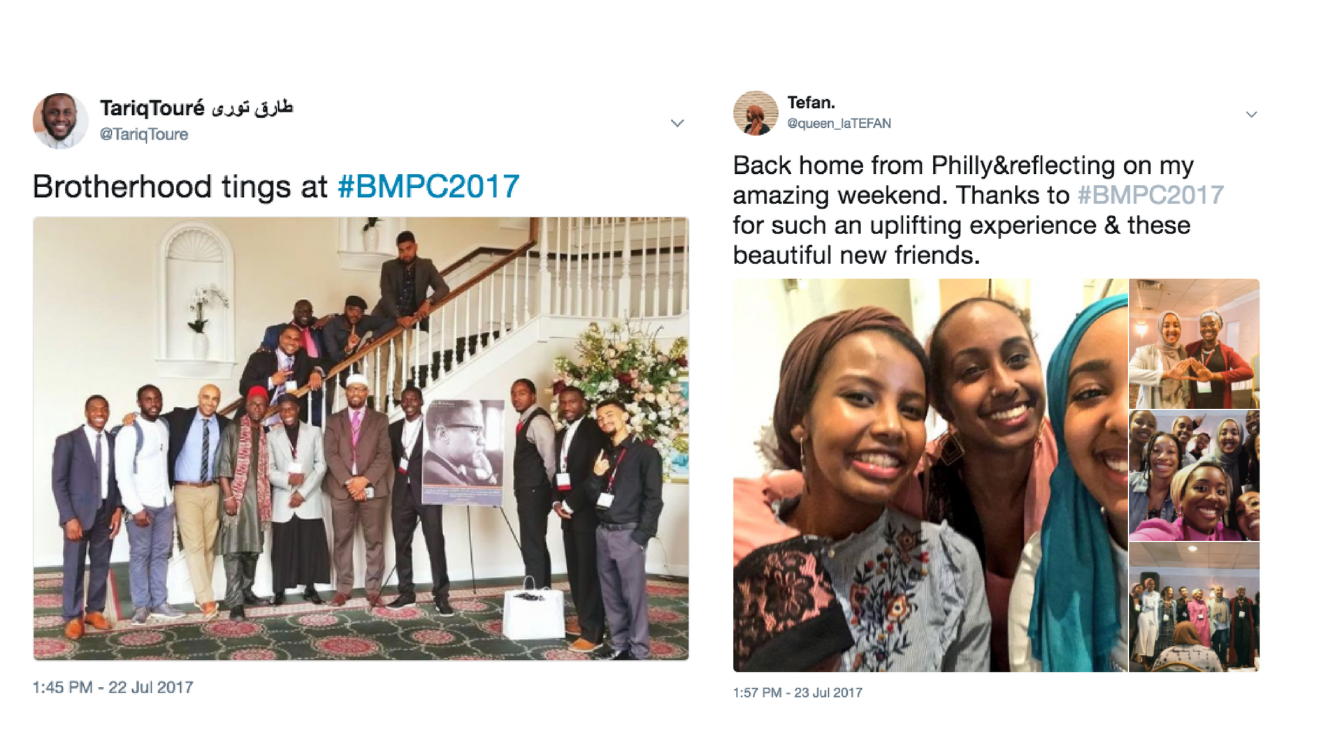 Two tweets about the Black Muslim Psychology Conference (BMPC) pictured side by side showing conference participants smiling at the camera.