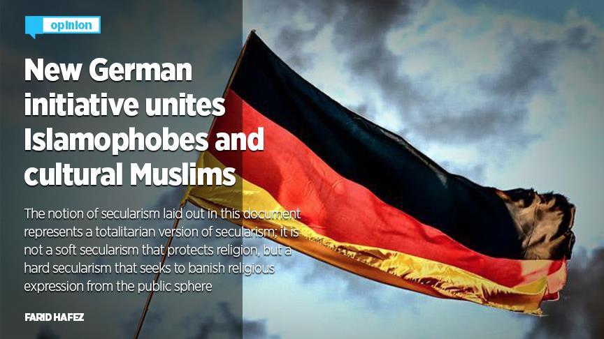 German flag overlaid with the text 'New German Initiative unites Islamophobes and cultural Muslims: The notion of secularism laid out in this document represents a totalitarian version of secularism; it is not a soft secularism that protects religion, but a hard secularism that seeks to banish religious expression from the public sphere" and the name of the article author, Farid Hafez.