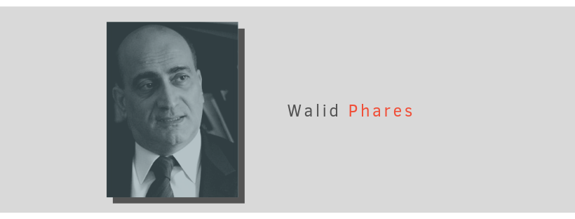 Portrait of Walid Phares with blue overlay and gray background