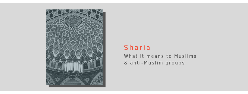 Shariah graphic with bnw photo of inside of mosque with words Sharia