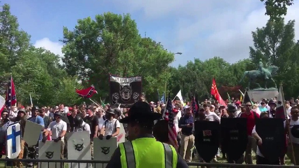 Demonstrators gather at a white nationalist rally in Charlottesville, Virginia.