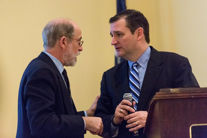 Senator Ted Cruz (R-TX) talks with organizer Frank Gaffney after addressing the South Carolina National Security Action Summit on March 14, 2015 in West Columbia, South Carolina.