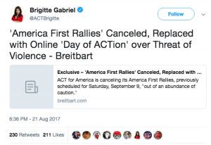 Brigitte Gabriel, founder and director of ACT for America, announces the cancellation of America First rallies on Twitter. Source: Brigitte Gabriel’s Twitter page.