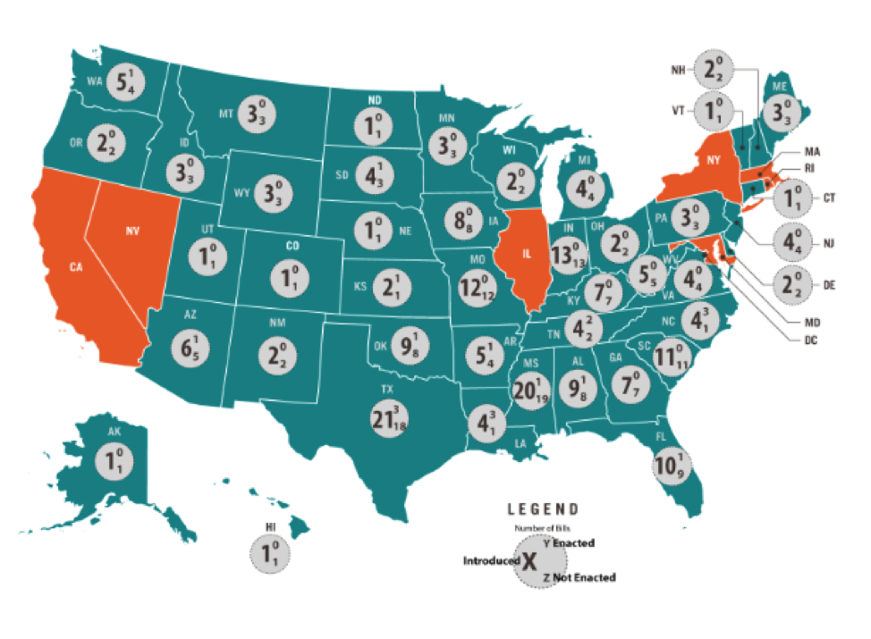 The HAAS Institute at the University of California, Berkeley developed the United States of Islamophobia Database, which includes detailed information on 216 bills introduced in 43 state legislatures since 2010 that sought to ban “Sharia law,” or a set of guiding principles, from being considered in US courts.