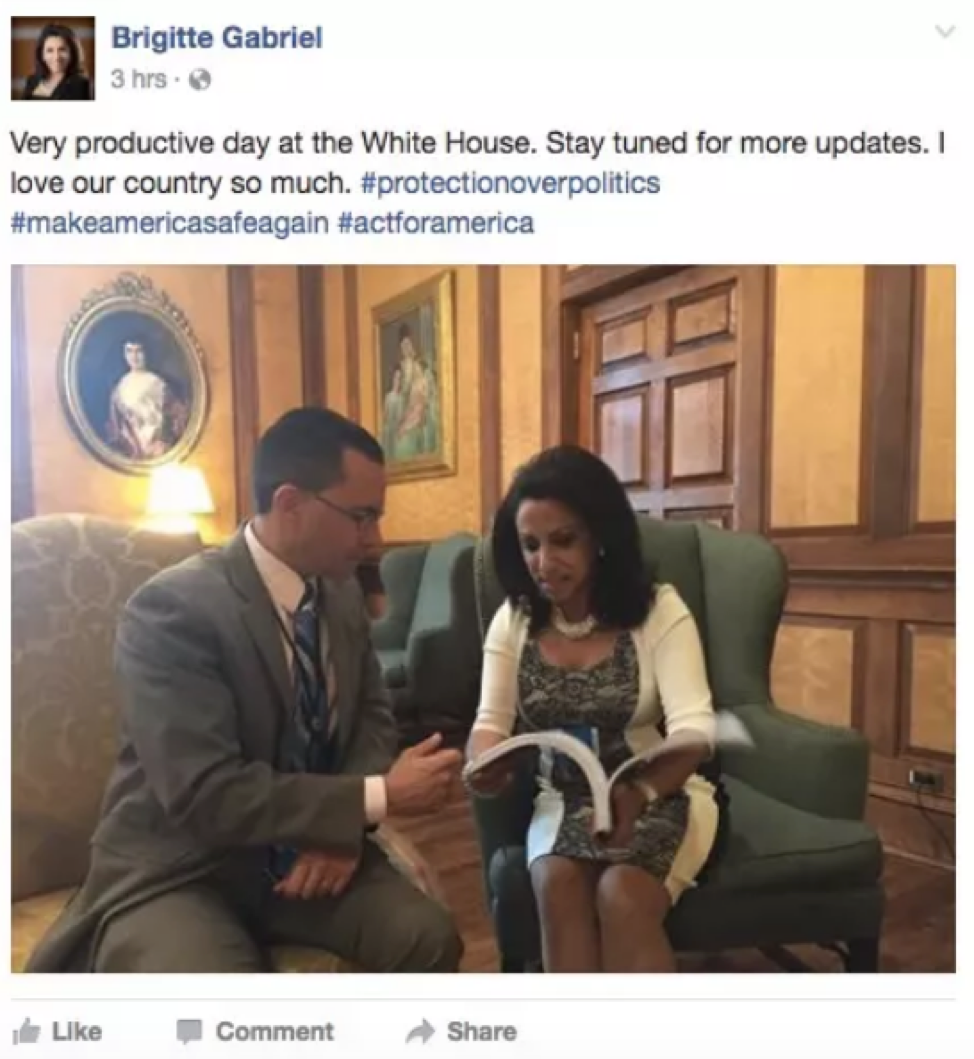 Brigitte Gabriel, founder and director of ACT for America, visited the White House in March 2017, describing her visit as “very productive”.