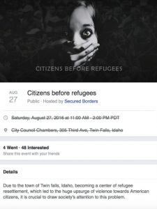 Screenshot of a Facebook event titled "Citizens before refugees." The image for the event shows a frightened young girl with a hand covering her mouth. The event is scheduled for August 27.