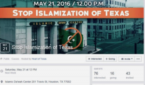 Screengrab of a Facebook event titled "Stop Islamization of Texas." The date of the event is Saturday, May 21 at 12 PM.