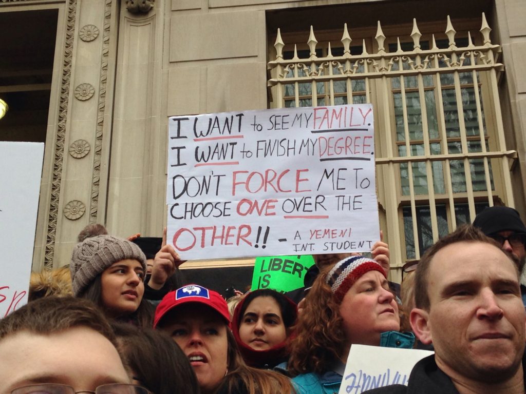 Demonstrators gather to protest the Muslim Ban on January 27, 2017.
