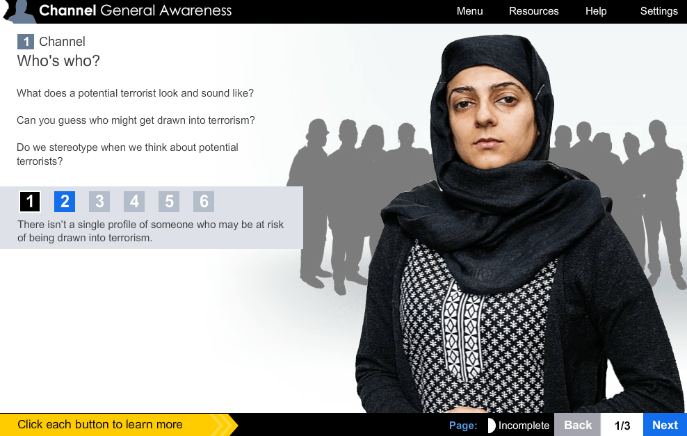 Screengrab of a slide used for training teachers about potential terrorists.