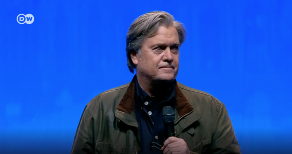 Steve Bannon addresses the delegates of the Front National’s party convention in Lille in March 2018.