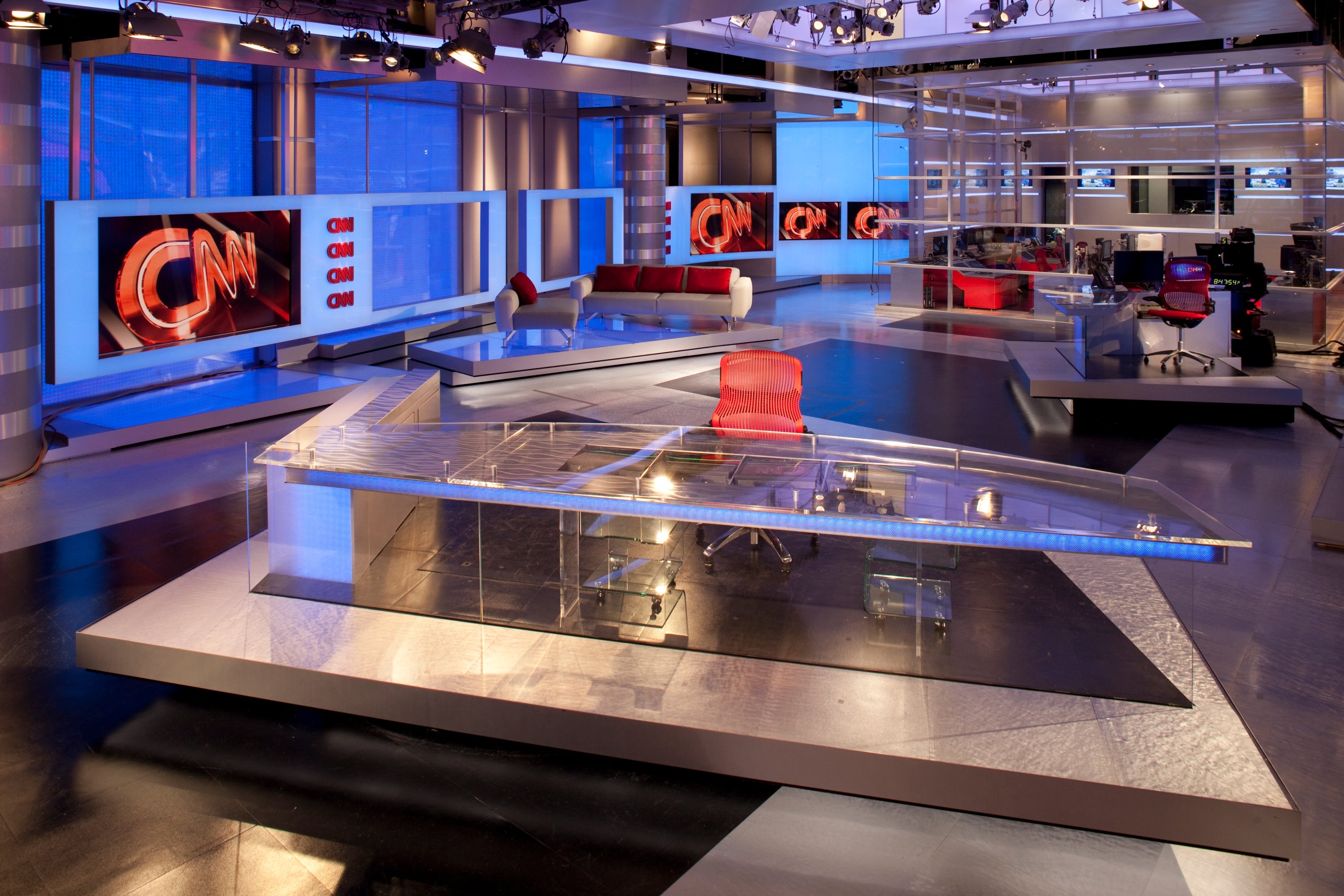 Panoramic view of the CNN newsroom, including the anchor stations.