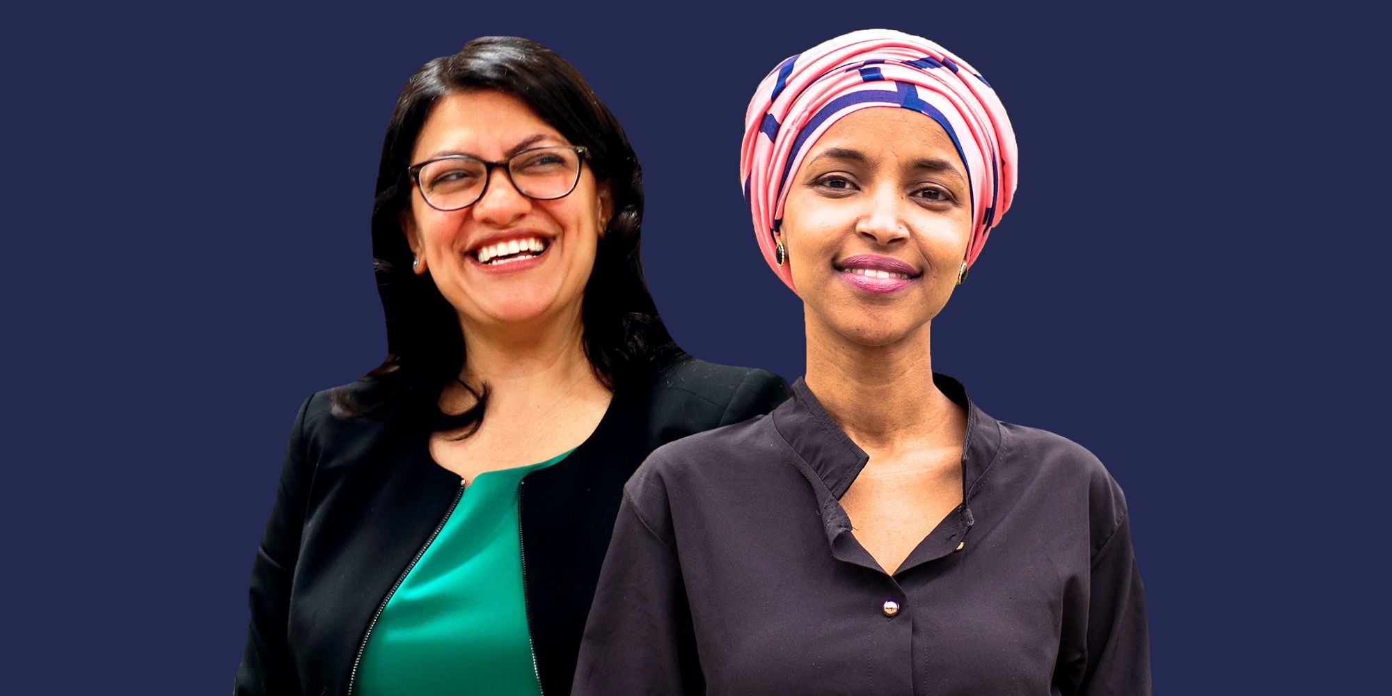 Portraits of Congresswoman Rashida Tlaib & Ilhan Omar with an overlay of blue. Tlaib on the right smiles at the camera, Ilhan on the left looks at the camera dead on