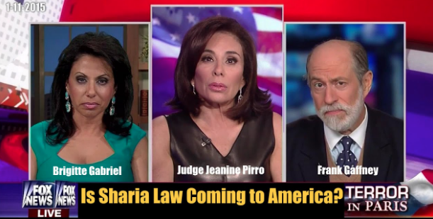 Collage of three images, two women and a man, from left to right, act for america's brigitte gabriel, fox news's judge jeanine and rank gaffney