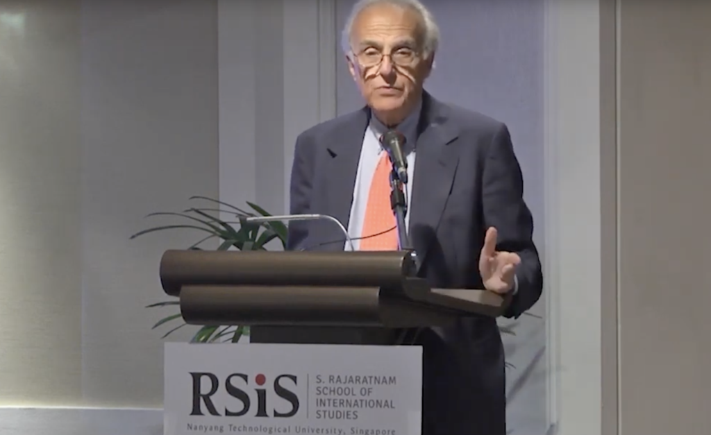 A screengrab from video shows Dr John L Esposito delivering the RSIS Distinguished lecure on The Role and Future of Religion in Politics