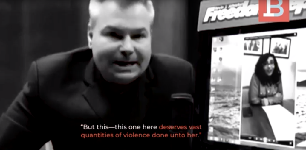 In the image, known anti- Muslim figure Kevin Johnston threatens violence against a Muslim Canadian woman