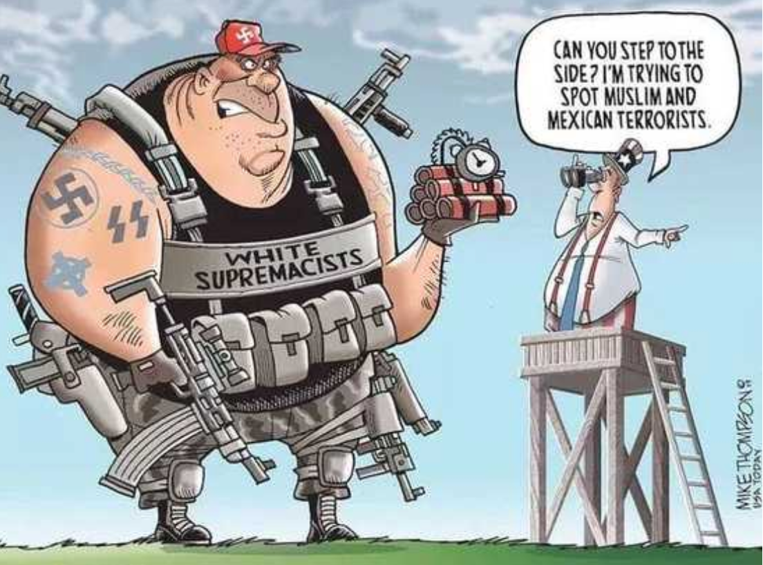 Cartoon by Mike Thompson criticizing the Trump Administration’s blind eye on white supremacist terror
