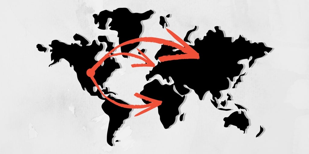 A map of the world shows arrow emerging from the geographical location of the United States and spreading across the world. The graphic is meant to convey the spread of CVE