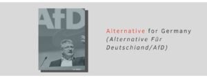 AFD leader with a backdrop of the AfD logo
