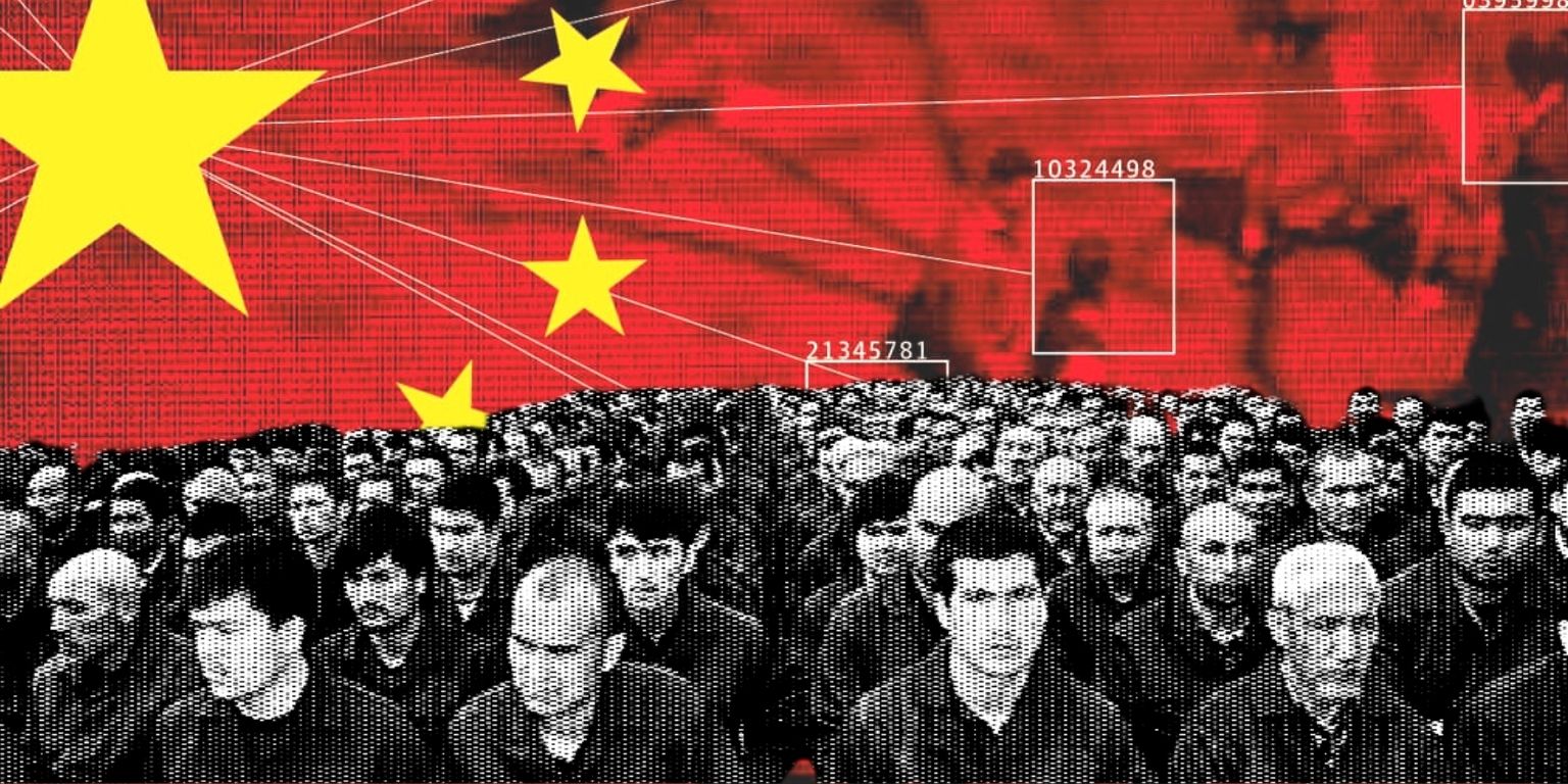 A collage shows a graphic of china surveilling people above a calico-collage of interned uighurs from public domain images