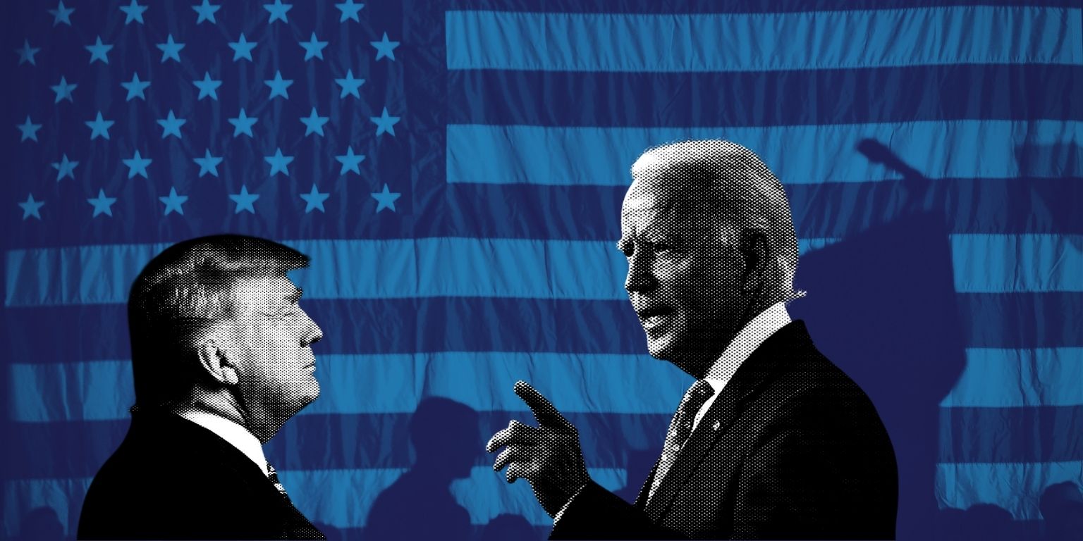 Biden and Trump with a backdrop of the American flag